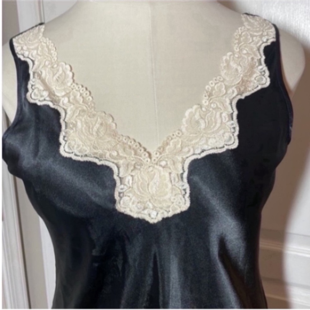 Vintage Inner Most Slip Dress Mini Black Cream Satin Lace V-Neck Dance Party  L - Picture 16 of 17